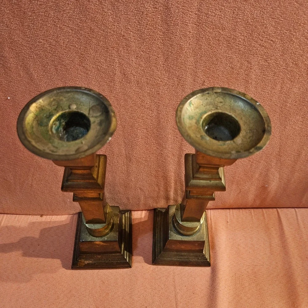 Vintage Heavy Brass Candlestick Holders Set of‎ 2 Square Base Home Decor India